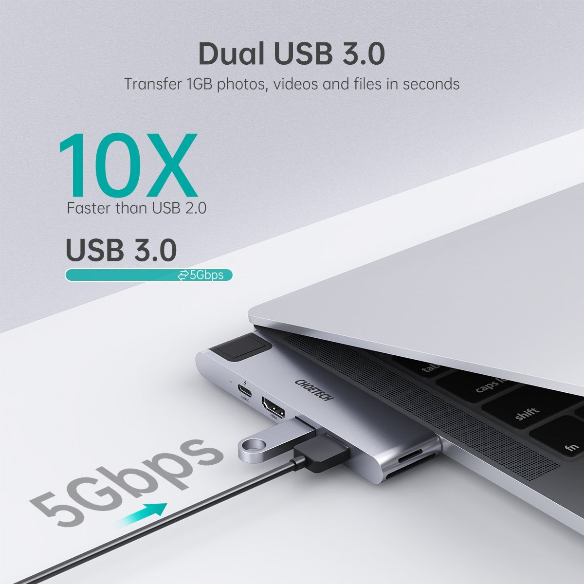 CHOETECH HUB-M24 7-in-2 USB-C Hub for MacBook Pro and Air, featuring multiple ports including HDMI, Ethernet, and USB 3.0.