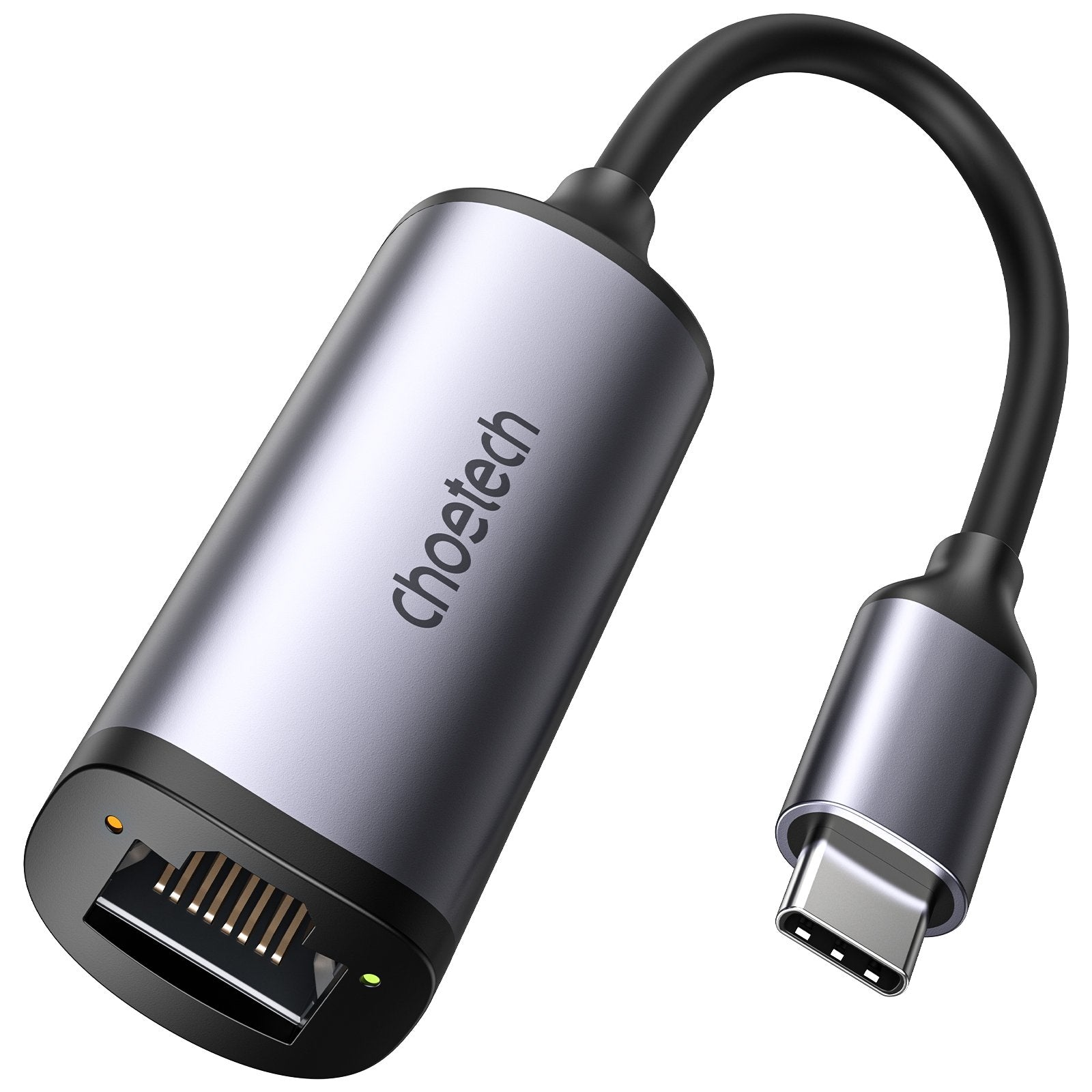 CHOETECH HUB-R02 USB-C to Gigabit Ethernet Adapter with a sleek aluminum design, showcasing its compact size and RJ45 port.