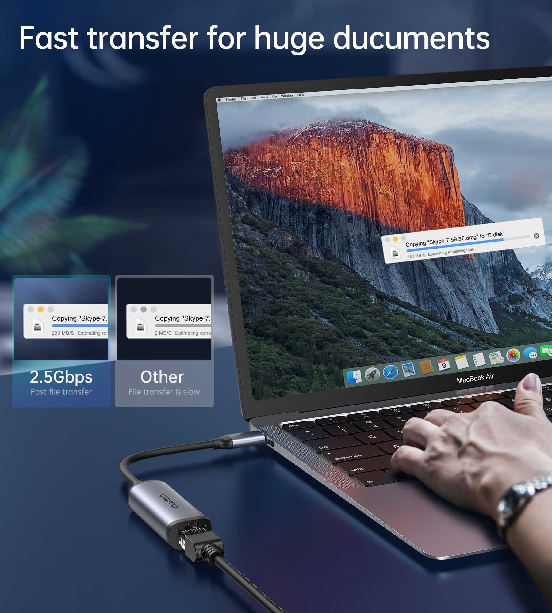CHOETECH HUB-R02 USB-C to Gigabit Ethernet Adapter with a sleek aluminum design, showcasing its compact size and RJ45 port.
