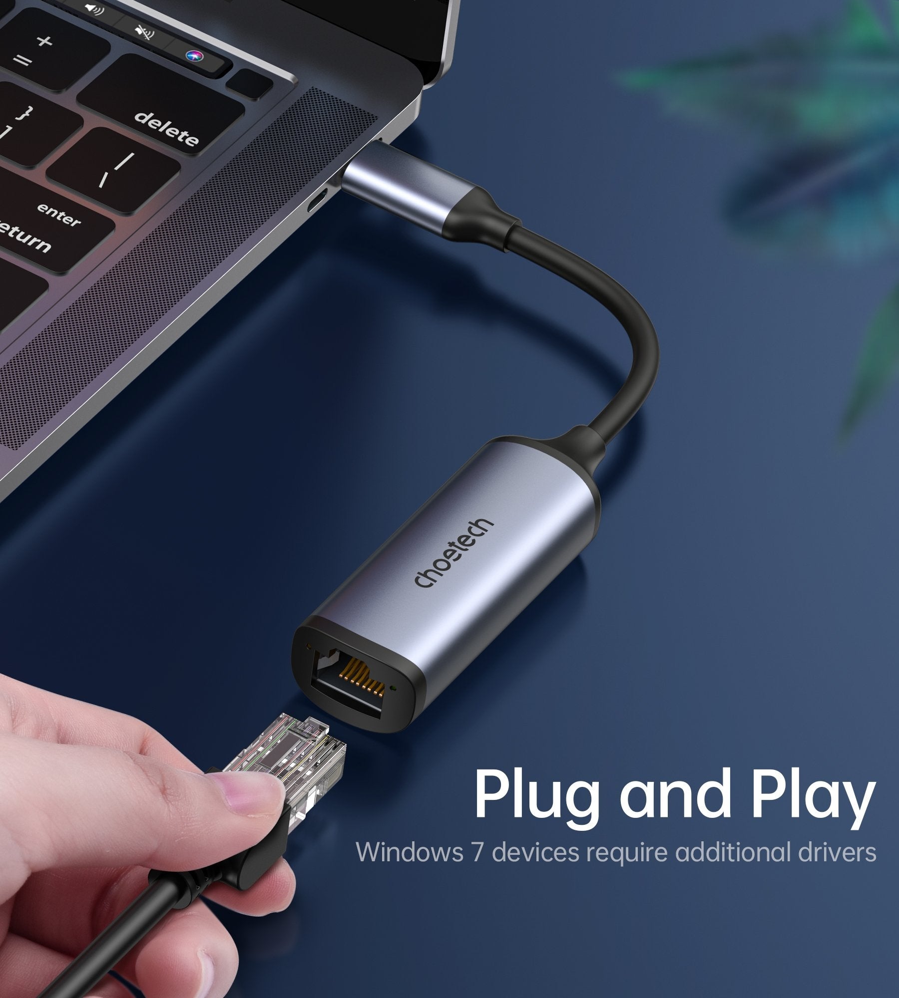 CHOETECH HUB-R02 USB-C to Gigabit Ethernet Adapter with a sleek aluminum design, showcasing its compact size and RJ45 port.