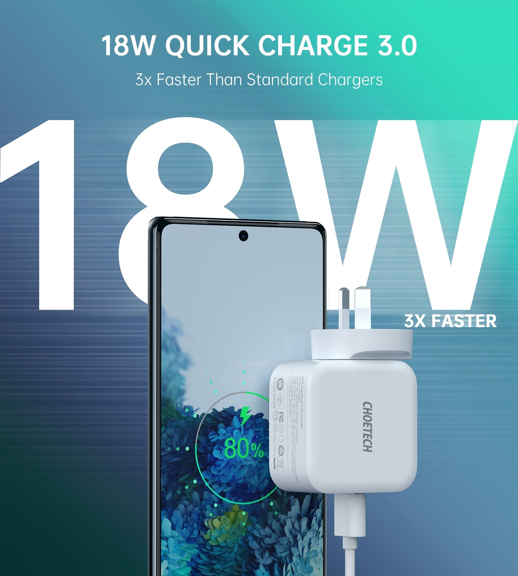 CHOETECH PD5002 QC3.0 18W + PD 20W Fast Charger with dual ports for simultaneous charging.