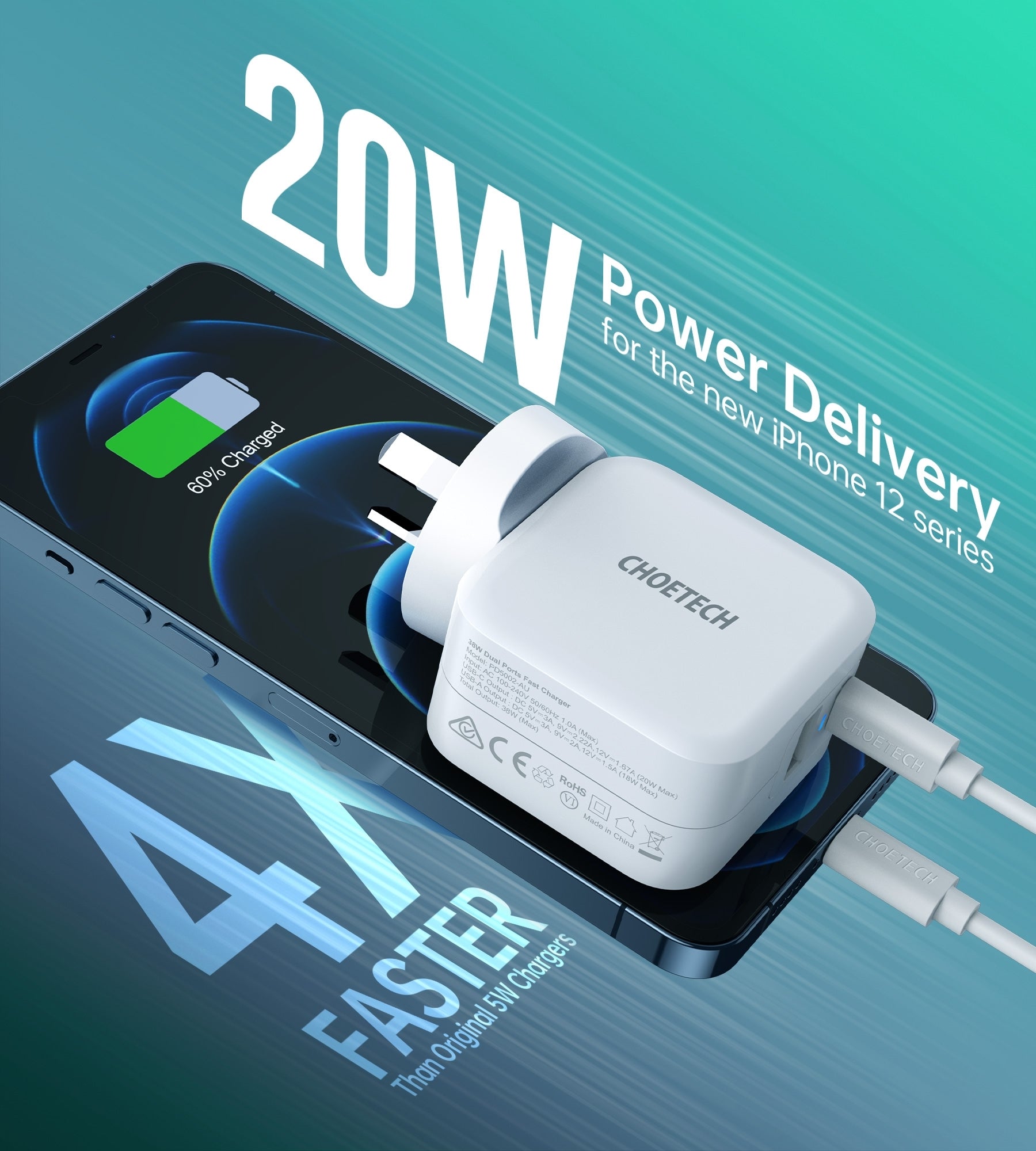 CHOETECH PD5002 QC3.0 18W + PD 20W Fast Charger with dual ports for simultaneous charging.