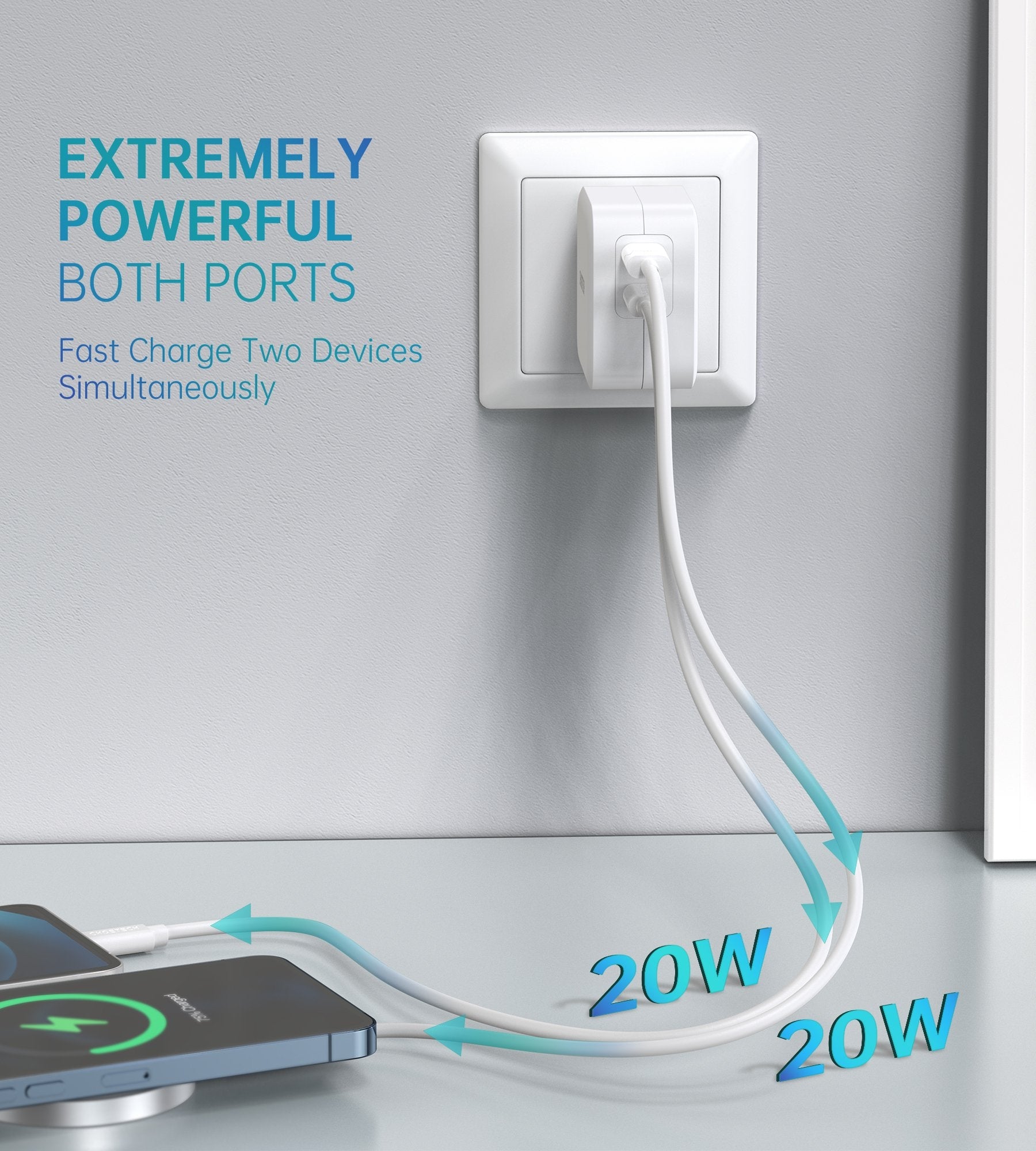 Choetech PD6009 40W Dual Fast USB C Charger with two ports and a foldable plug, designed for efficient charging.