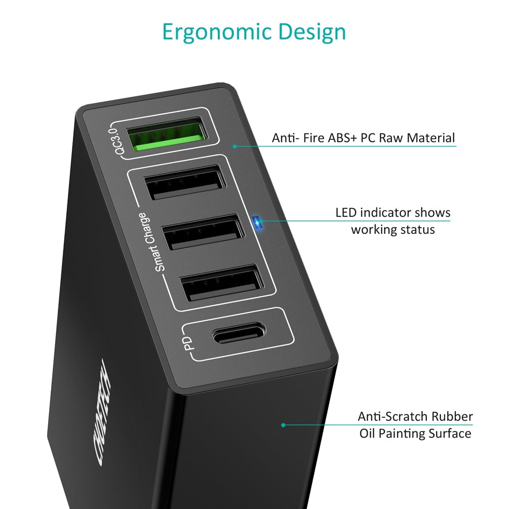 CHOETECH Q34U2Q 5-Port 60W PD Charger with multiple ports for fast charging devices.