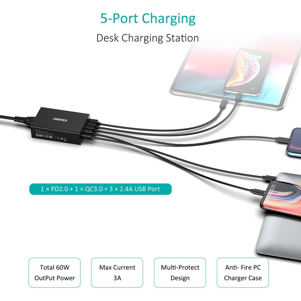 CHOETECH Q34U2Q 5-Port 60W PD Charger with multiple ports for fast charging devices.