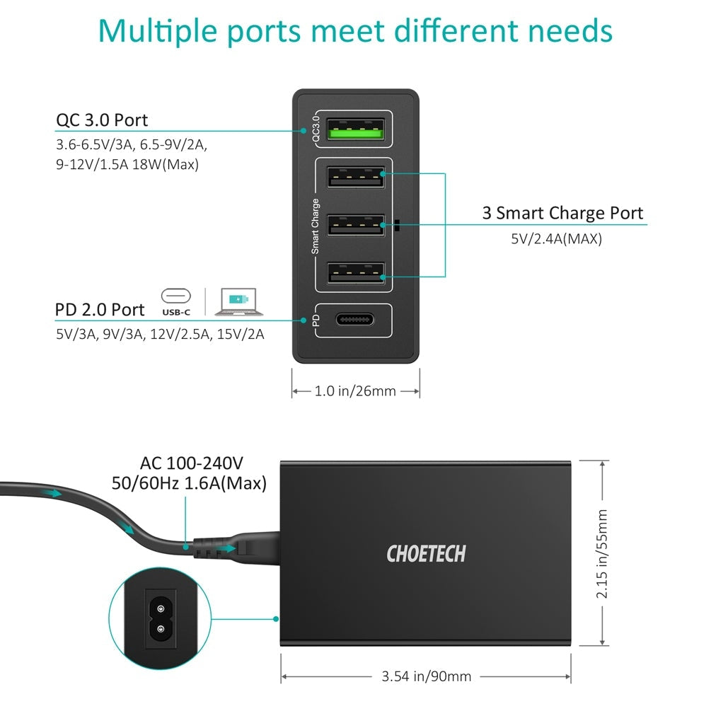 CHOETECH Q34U2Q 5-Port 60W PD Charger with multiple ports for fast charging devices.