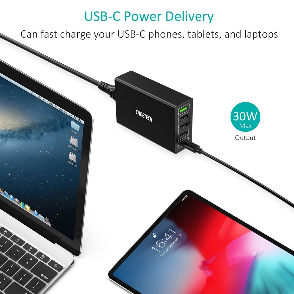 CHOETECH Q34U2Q 5-Port 60W PD Charger with multiple ports for fast charging devices.