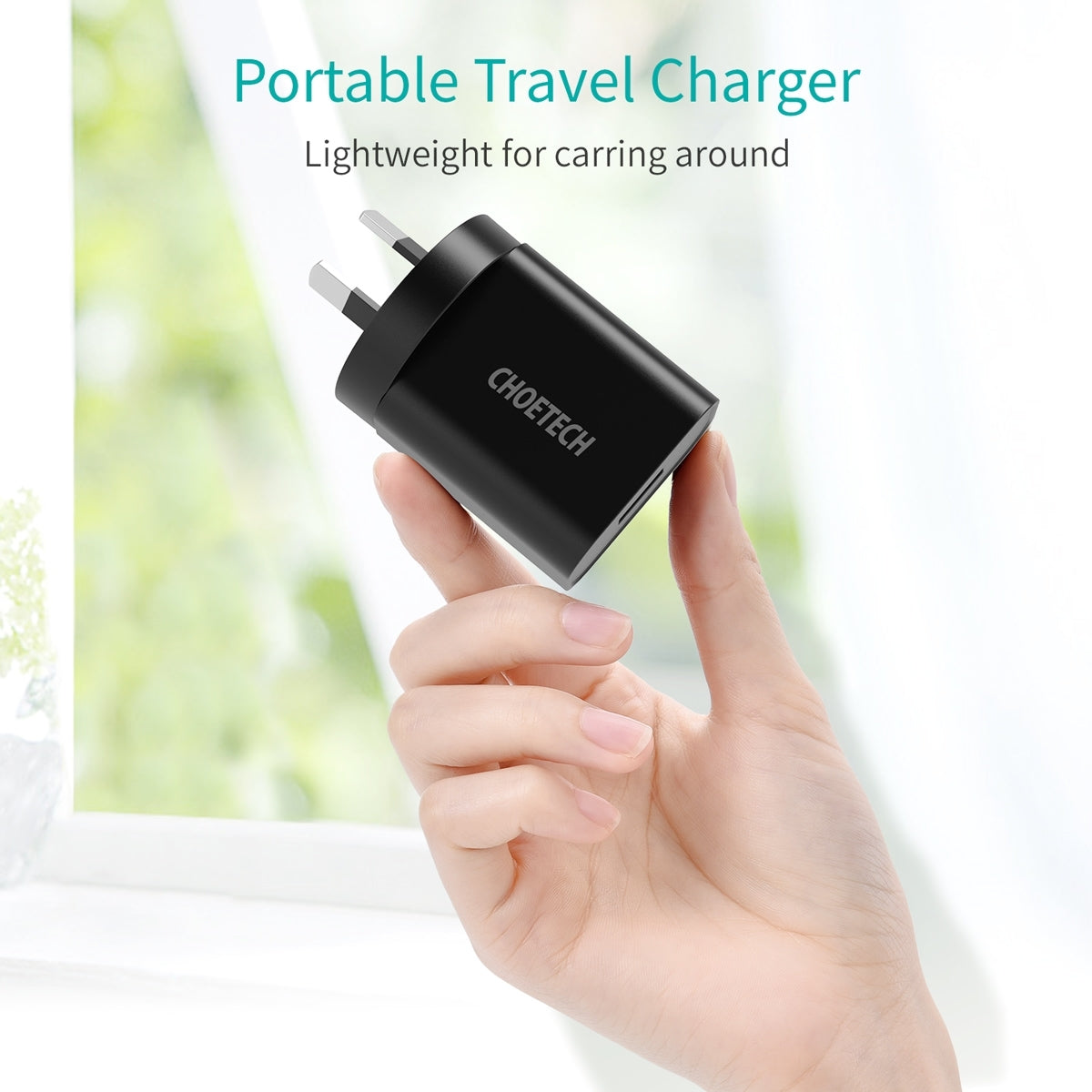 CHOETECH Q5003 18W QC Quick Charger in black, compact design with USB-C compatibility.