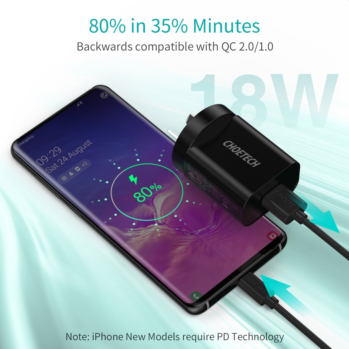 CHOETECH Q5003 18W QC Quick Charger in black, compact design with USB-C compatibility.