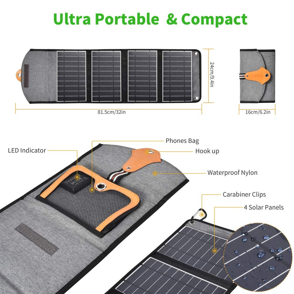 CHOETECH SC005 22W Portable Waterproof Foldable Solar Panel Charger with four solar panels and dual USB ports, ideal for outdoor use.