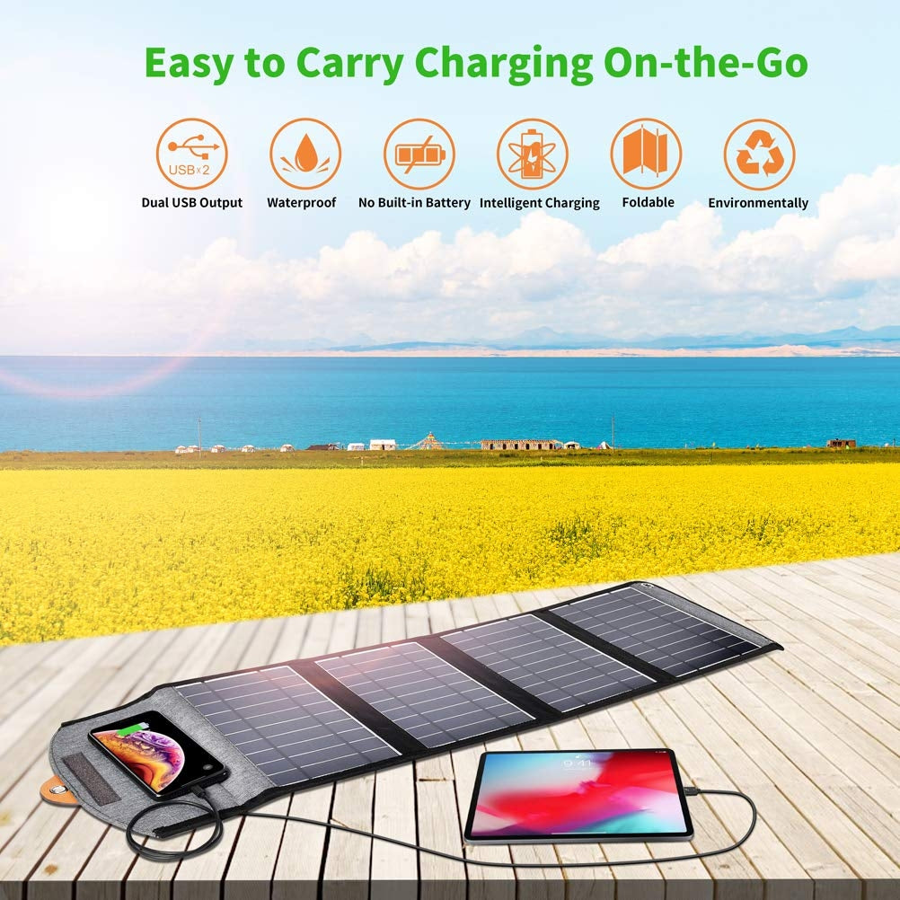CHOETECH SC005 22W Portable Waterproof Foldable Solar Panel Charger with four solar panels and dual USB ports, ideal for outdoor use.