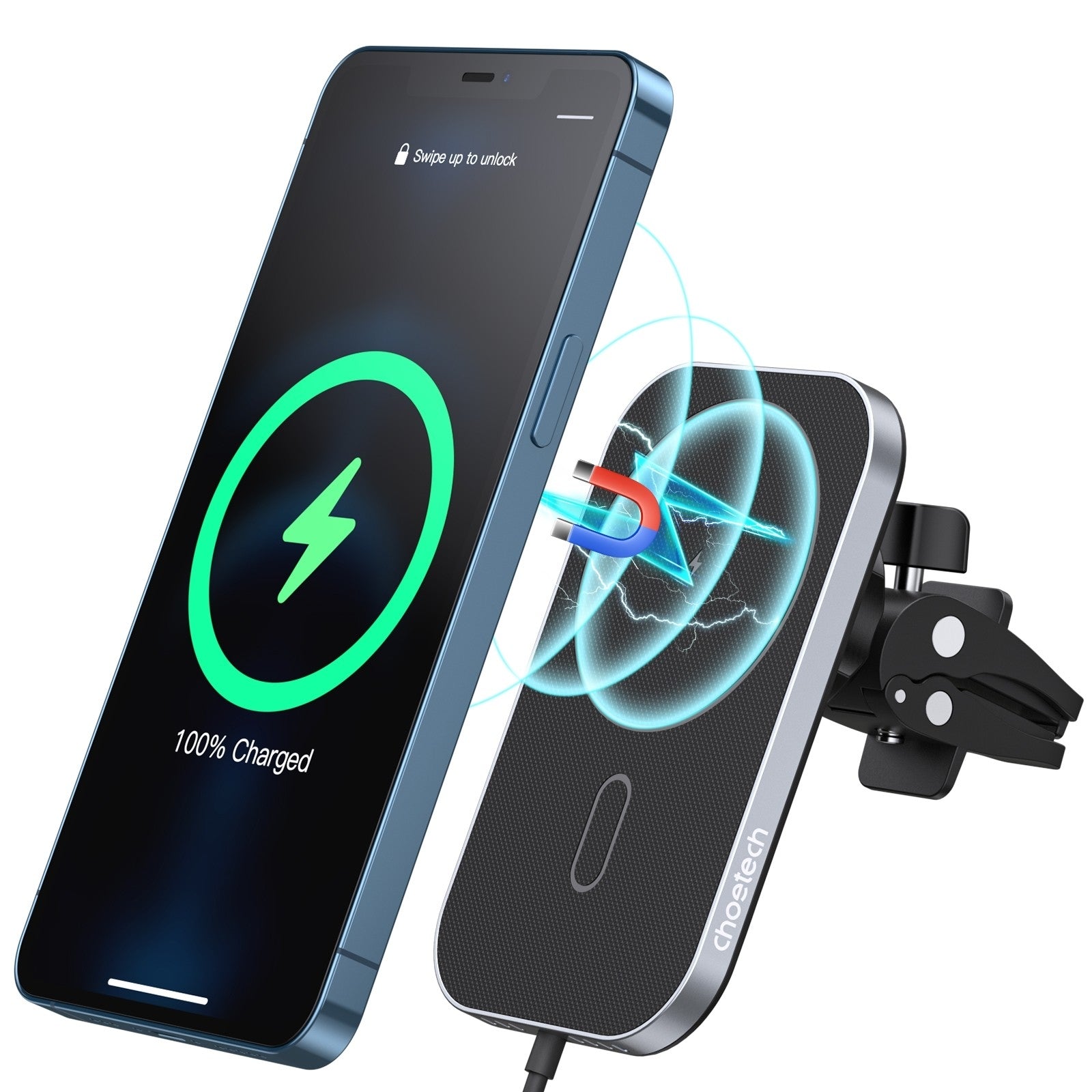 CHOETECH T200F-201 15W MagLeap Magnetic Wireless Car Charger Holder with a sleek design and adjustable mount.