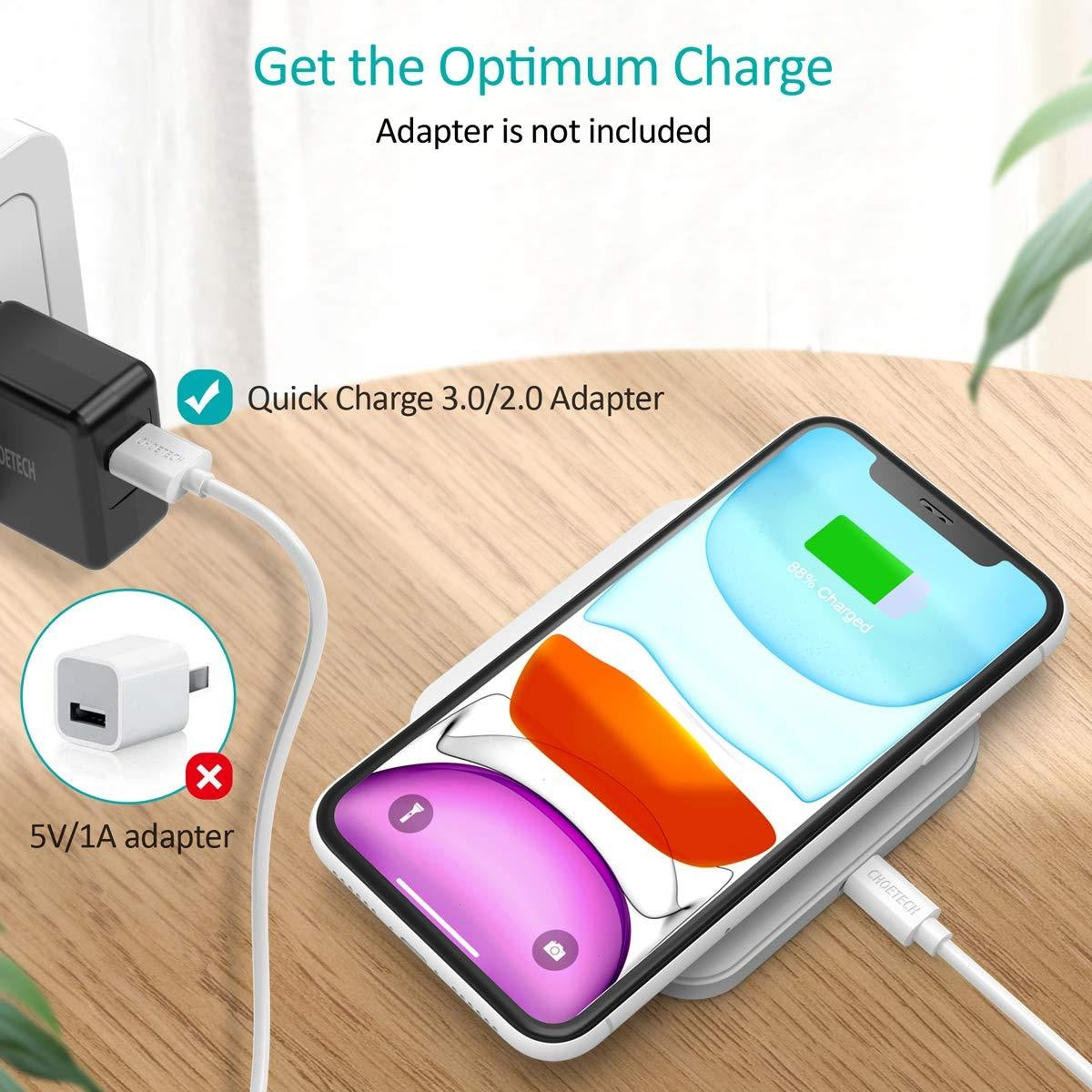 CHOETECH T511BW Qi Certified Fast Wireless Charging Pad in black and white, showcasing its sleek design and anti-slip features.