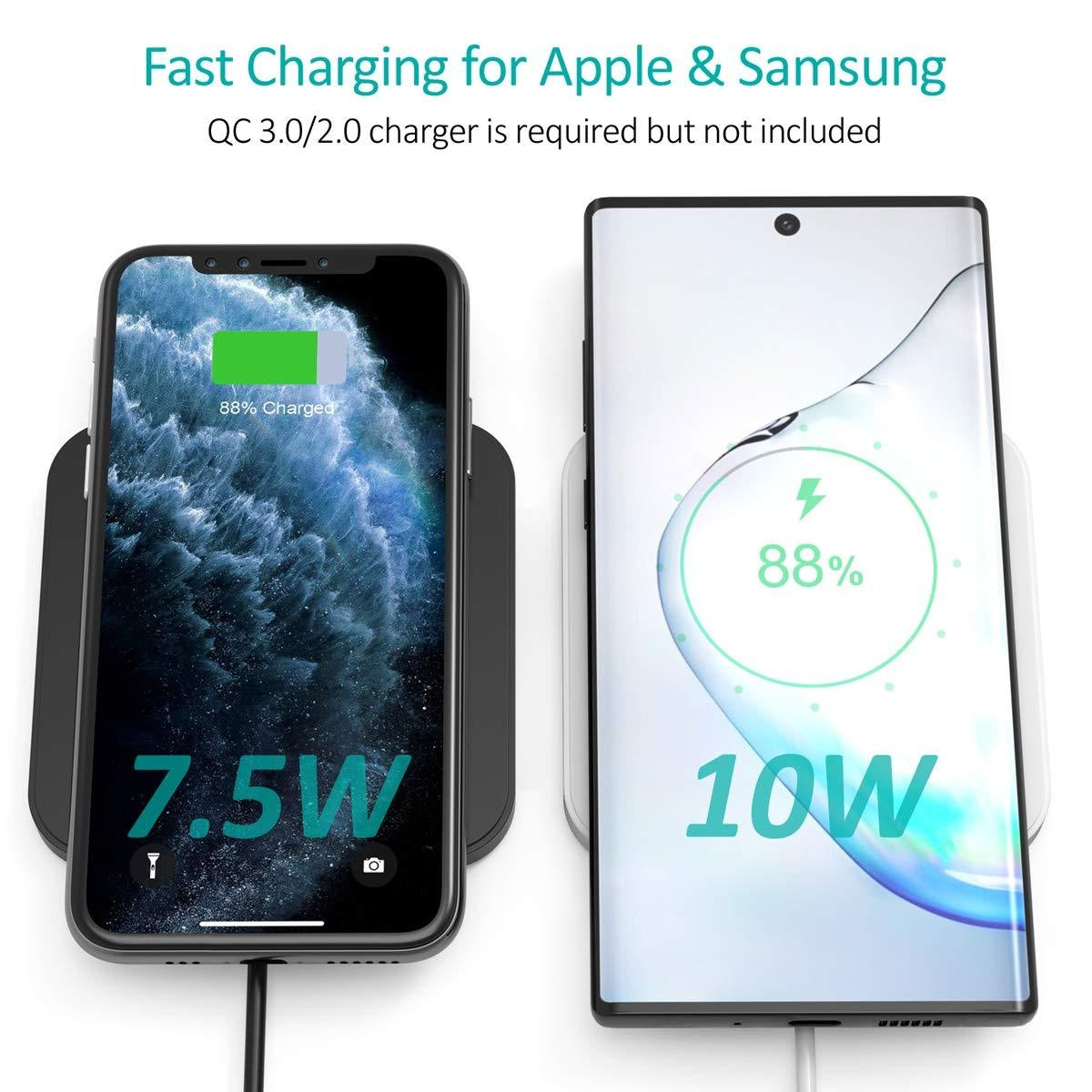 CHOETECH T511BW Qi Certified Fast Wireless Charging Pad in black and white, showcasing its sleek design and anti-slip features.