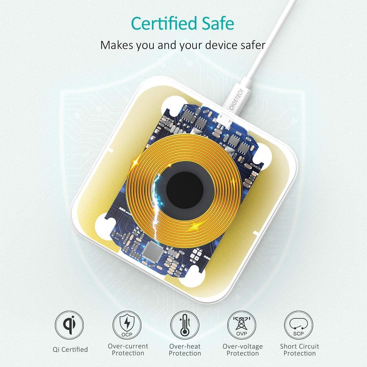 CHOETECH T511BW Qi Certified Fast Wireless Charging Pad in black and white, showcasing its sleek design and anti-slip features.