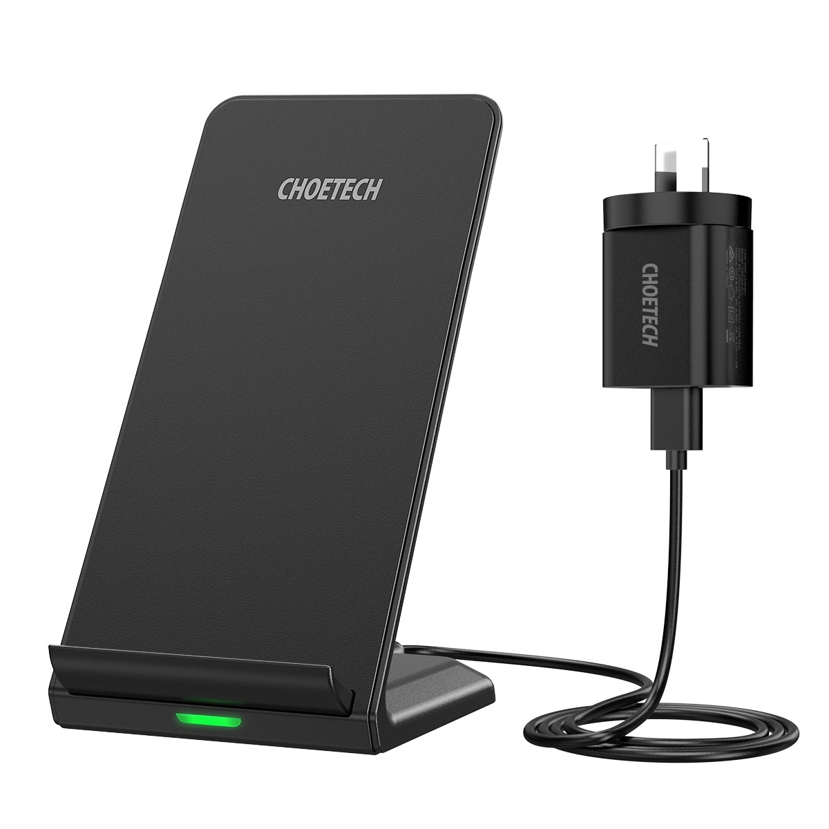 CHOETECH T524S Fast Wireless Charging Stand with AC Adapter, featuring a sleek design and dual coil technology for efficient charging.