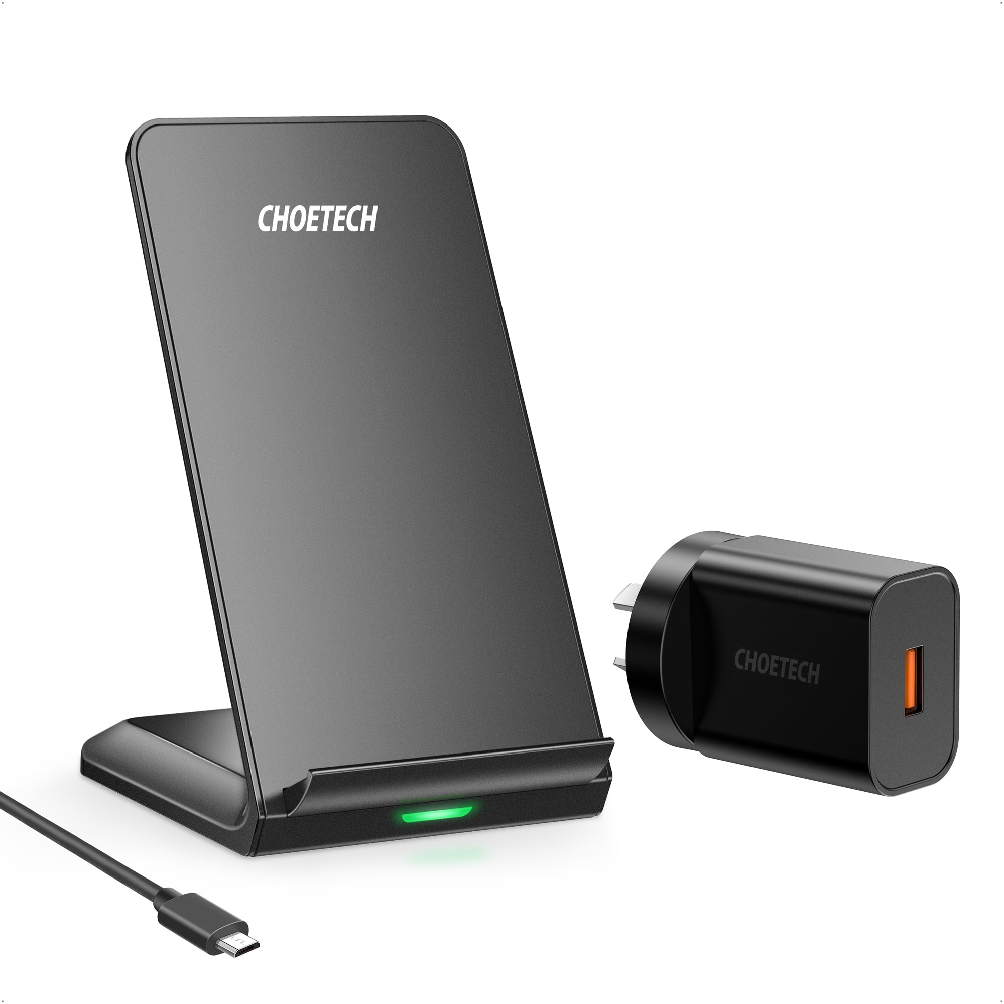 CHOETECH T524S Fast Wireless Charging Stand with AC Adapter, featuring a sleek design and dual coil technology for efficient charging.