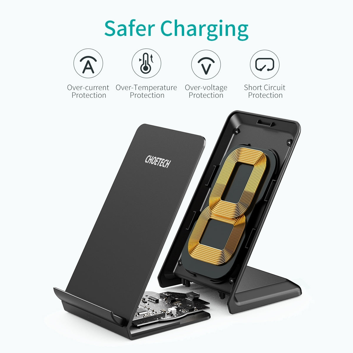 CHOETECH T524S Fast Wireless Charging Stand with AC Adapter, featuring a sleek design and dual coil technology for efficient charging.