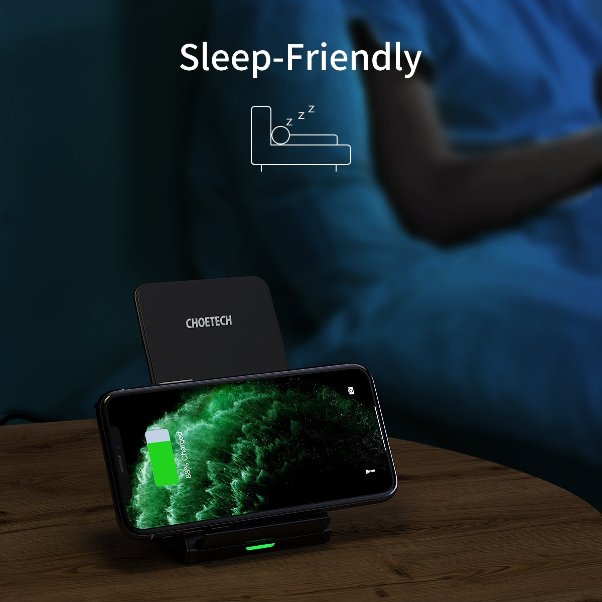 CHOETECH T524S Fast Wireless Charging Stand with AC Adapter, featuring a sleek design and dual coil technology for efficient charging.