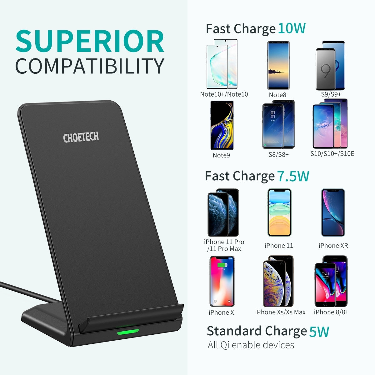 CHOETECH T524S Fast Wireless Charging Stand with AC Adapter, featuring a sleek design and dual coil technology for efficient charging.