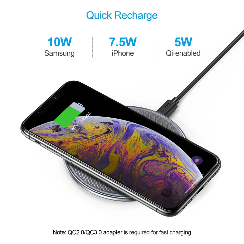 Choetech T539-S Fast Wireless Charger with sleek zinc-alloy and PU design, ideal for Qi-enabled devices.