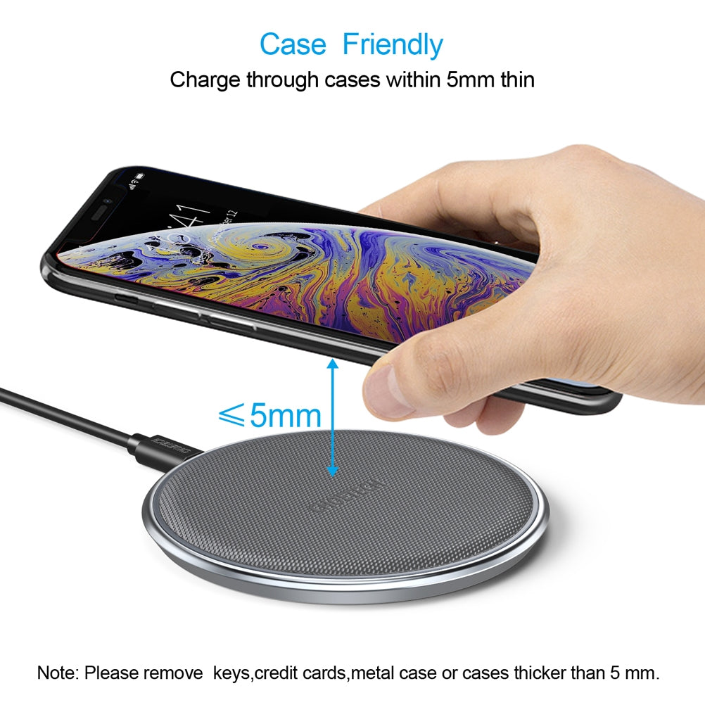 Choetech T539-S Fast Wireless Charger with sleek zinc-alloy and PU design, ideal for Qi-enabled devices.