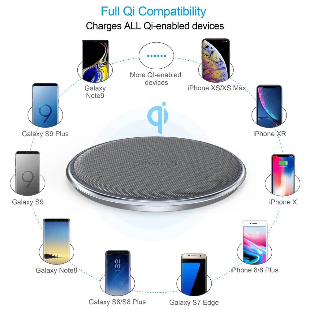Choetech T539-S Fast Wireless Charger with sleek zinc-alloy and PU design, ideal for Qi-enabled devices.