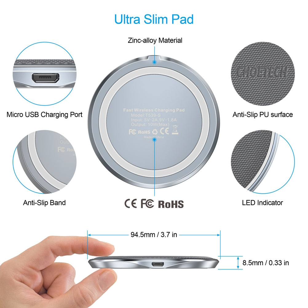 Choetech T539-S Fast Wireless Charger with sleek zinc-alloy and PU design, ideal for Qi-enabled devices.