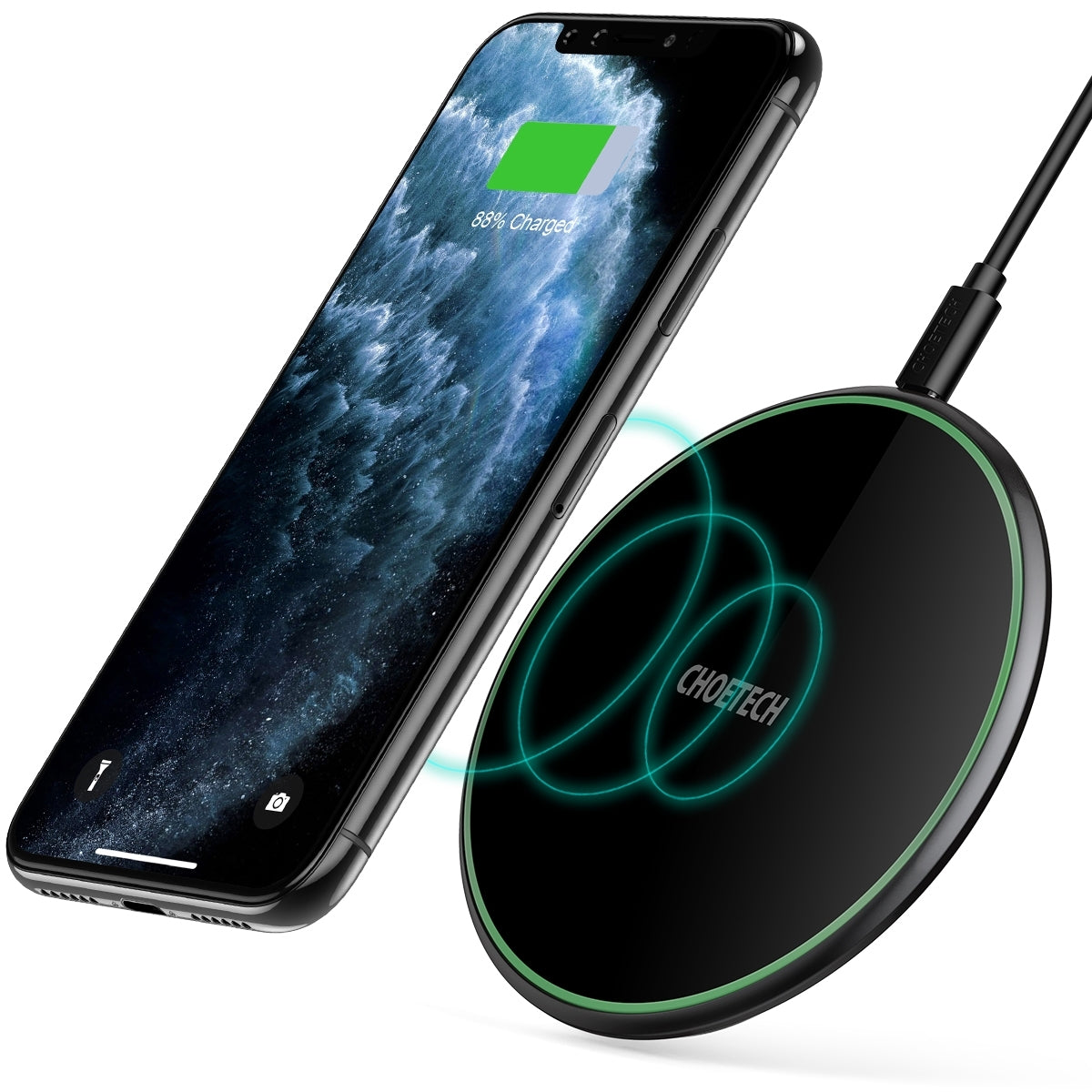 CHOETECH T559-F 15W Wireless Charging Pad with sleek tempered glass and zinc alloy design, featuring a QC 3.0 AC adapter.