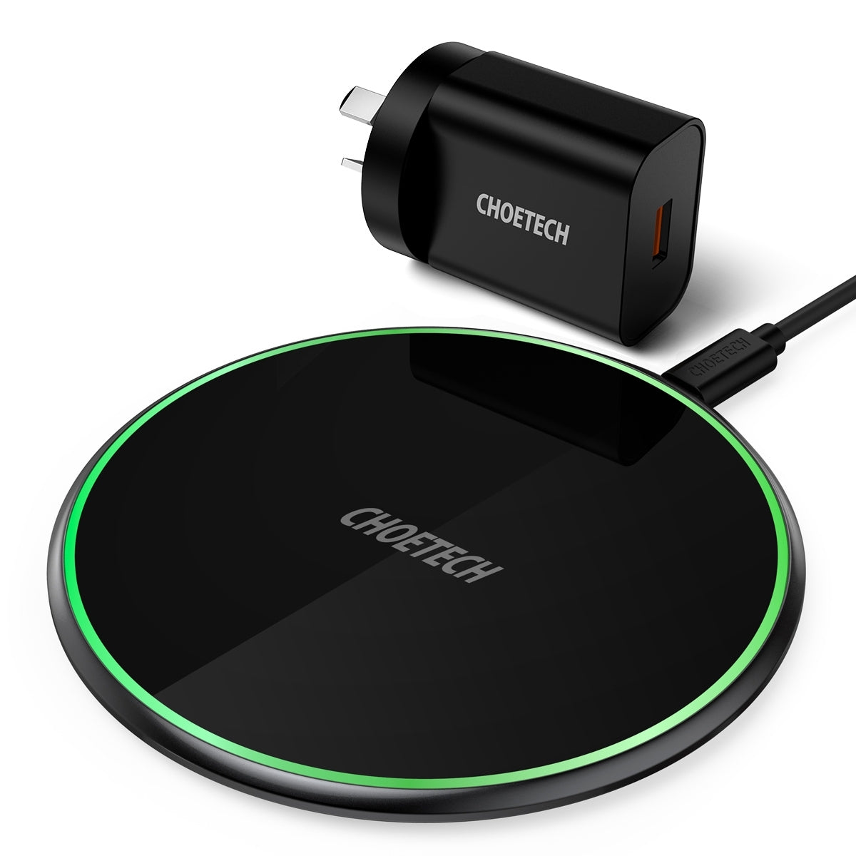 CHOETECH T559-F 15W Wireless Charging Pad with sleek tempered glass and zinc alloy design, featuring a QC 3.0 AC adapter.