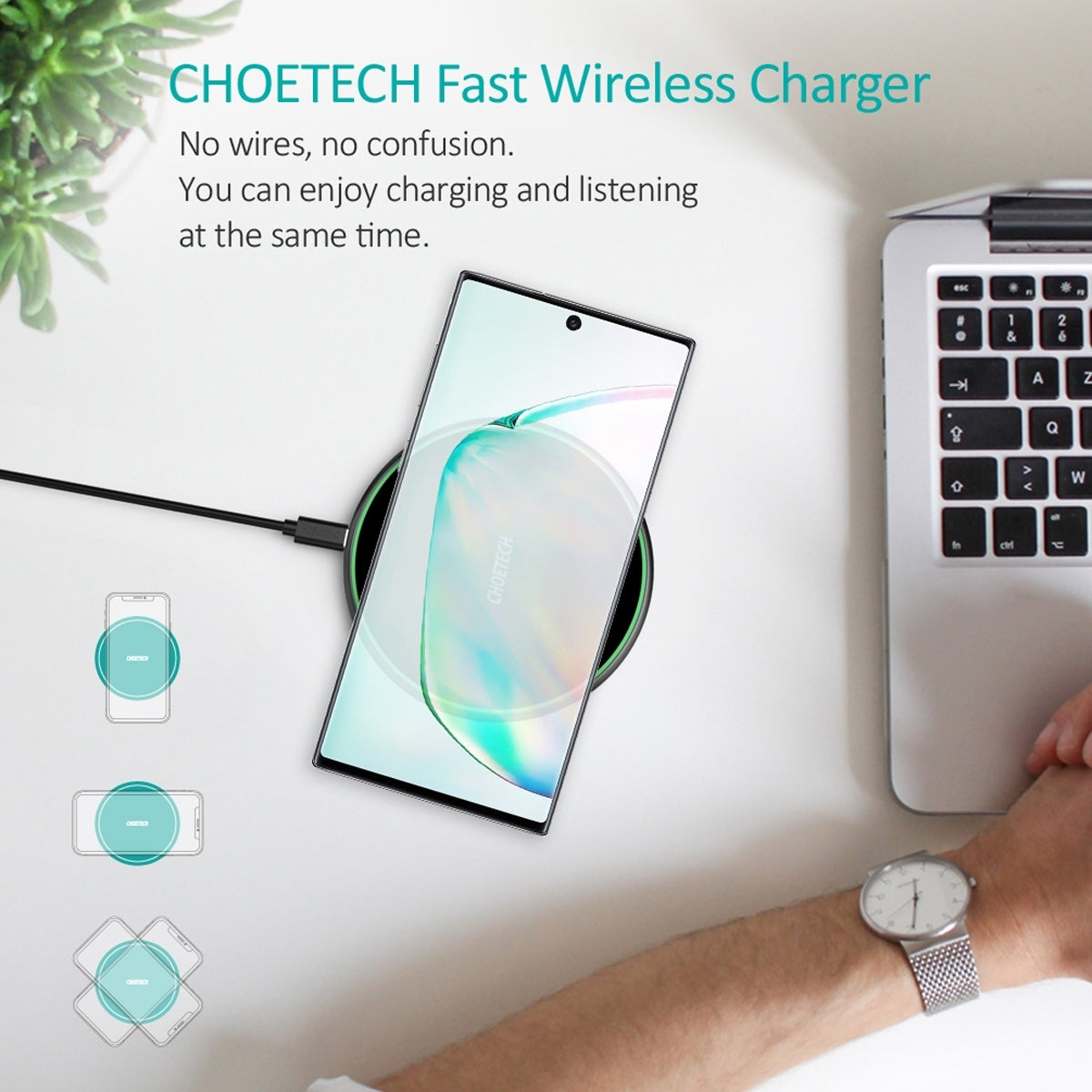 CHOETECH T559-F 15W Wireless Charging Pad with sleek tempered glass and zinc alloy design, featuring a QC 3.0 AC adapter.