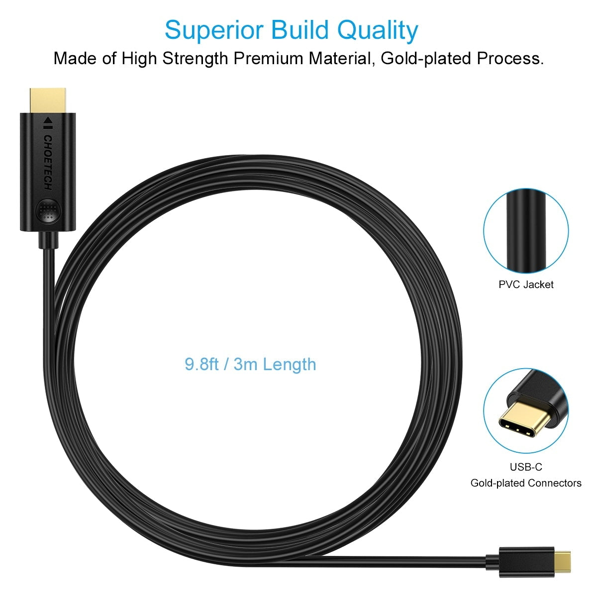 CHOETECH XCH-0030 USB-C to HDMI Cable, 3M long, featuring a gold-plated USB-C connector and anti-slip HDMI port design.