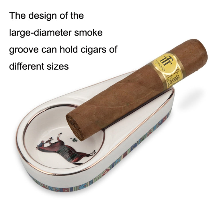 Large-diameter ceramic cigar ashtray with a solid wood base and black flannel bottom, designed for various cigar sizes.