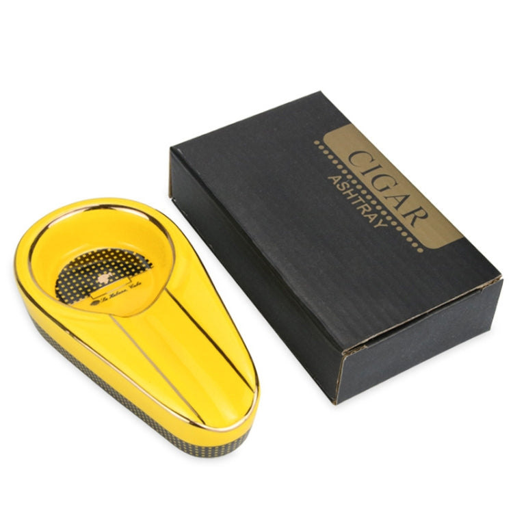 Large-diameter ceramic cigar ashtray with a solid wood base and black flannel bottom, designed for various cigar sizes.