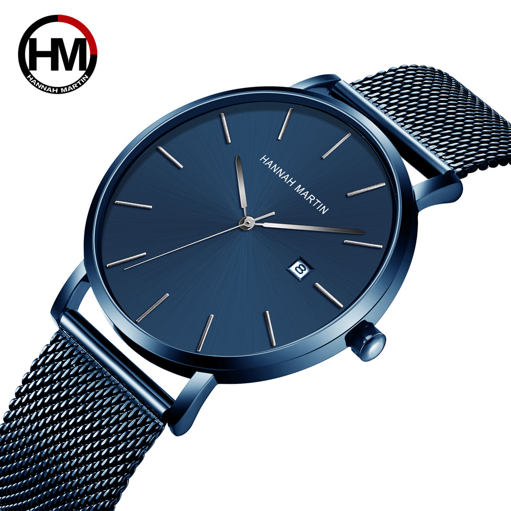 Classic Bauhaus design men's watch in dark blue with stainless steel band and quartz movement, showcasing a minimalist aesthetic.