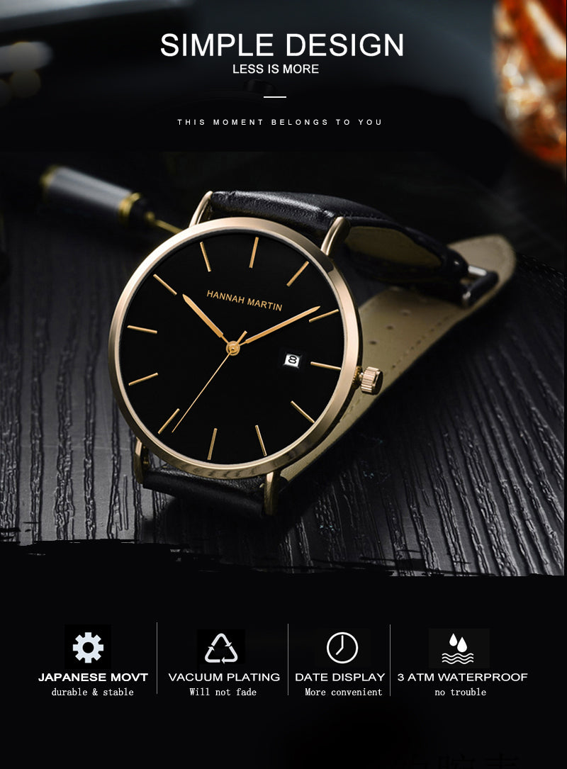 Classic Bauhaus design men's watch in dark blue with stainless steel band and quartz movement, showcasing a minimalist aesthetic.