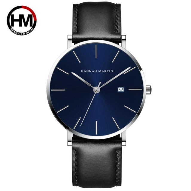 Classic Bauhaus design men's watch in dark blue with stainless steel band and quartz movement, showcasing a minimalist aesthetic.