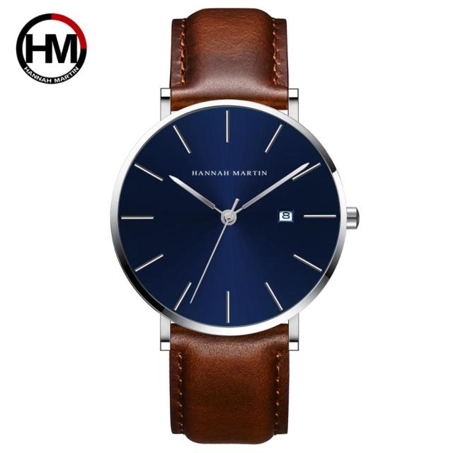 Classic Bauhaus design men's watch in dark blue with stainless steel band and quartz movement, showcasing a minimalist aesthetic.