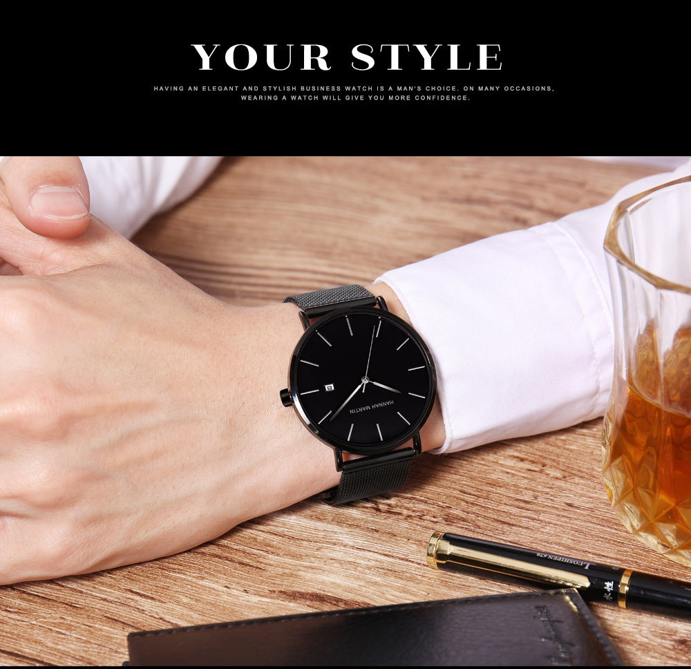 Classic Bauhaus design men's watch in dark blue with stainless steel band and quartz movement, showcasing a minimalist aesthetic.