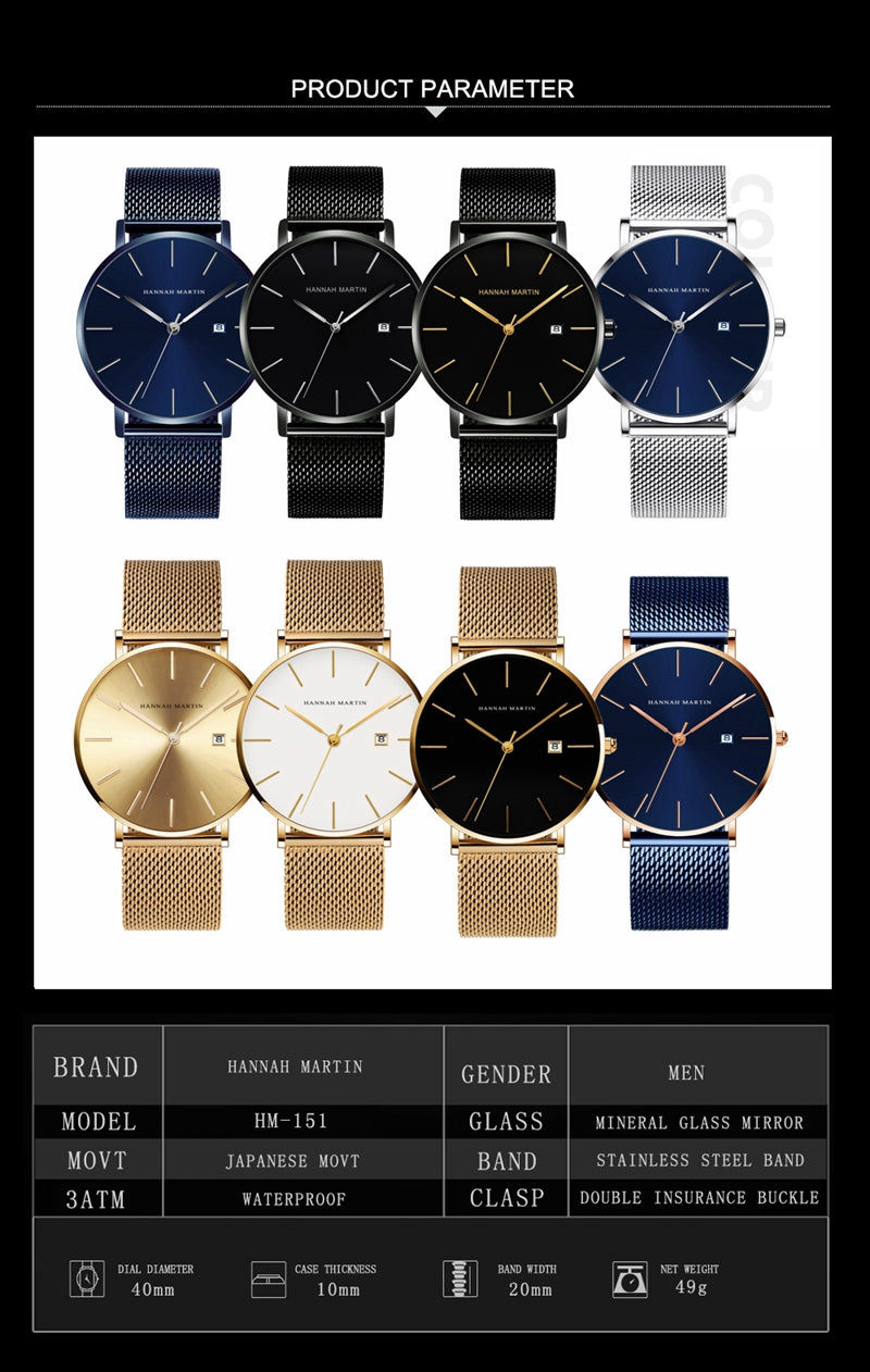 Classic Bauhaus design men's watch in dark blue with stainless steel band and quartz movement, showcasing a minimalist aesthetic.