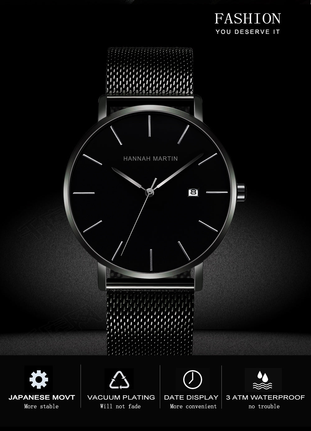 Classic Bauhaus design men's watch in dark blue with stainless steel band and quartz movement, showcasing a minimalist aesthetic.