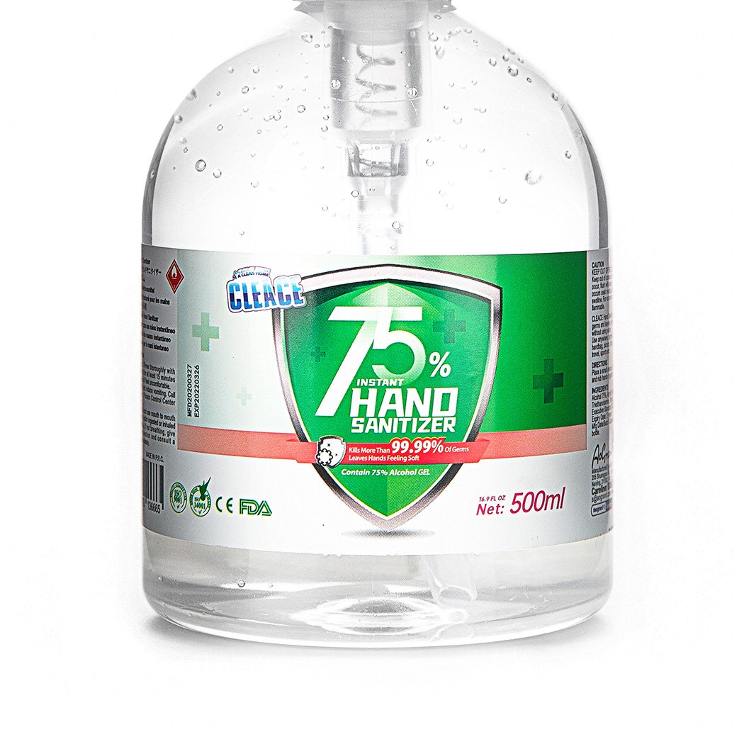 Cleace 10x Hand Sanitiser Gel 500ml bottle with 75% alcohol, clear liquid, and moisturizing ingredients for effective germ protection.