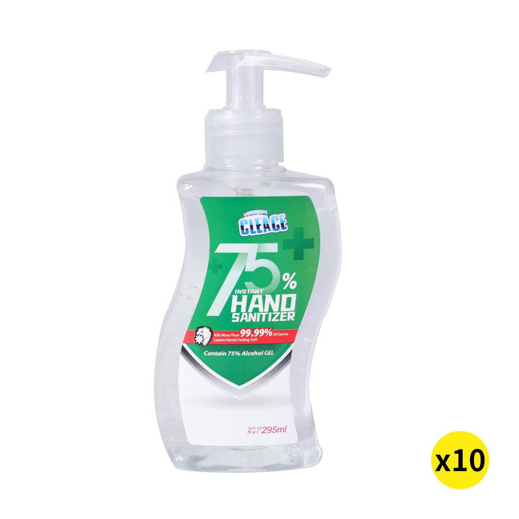 Cleace 10x Hand Sanitiser Gel 295ml bottle with 75% alcohol, designed for effective germ protection and skin hydration.