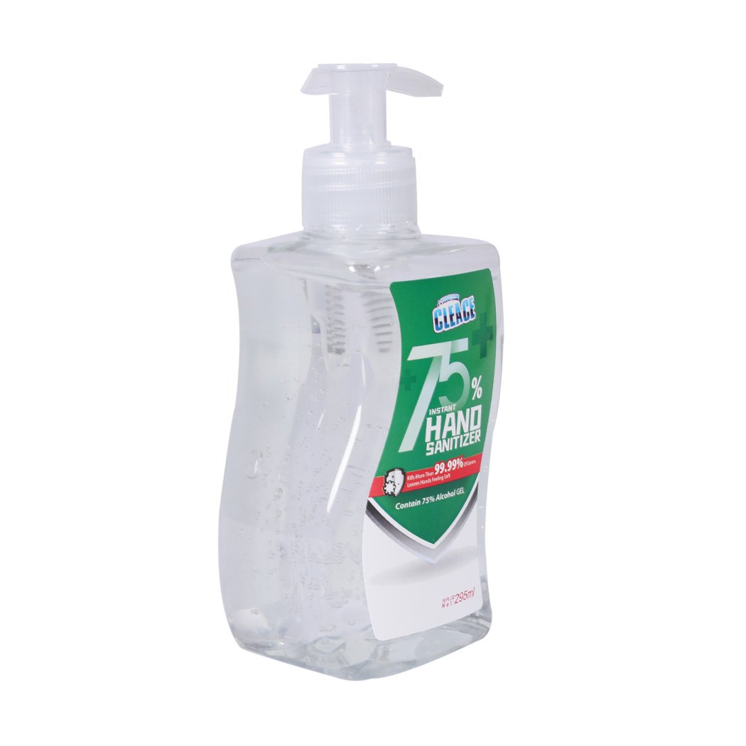 Cleace 10x Hand Sanitiser Gel 295ml bottle with 75% alcohol, designed for effective germ protection and skin hydration.