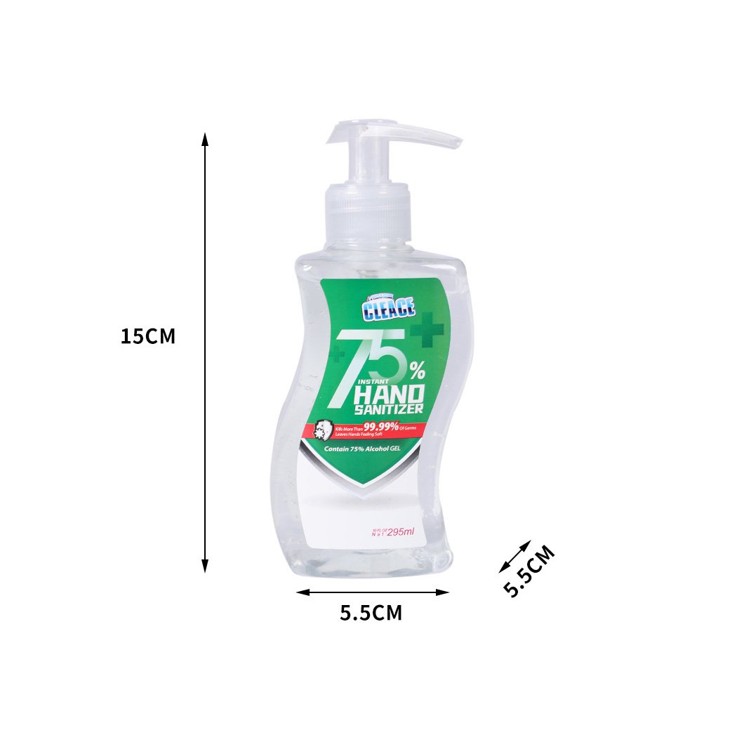 Cleace 10x Hand Sanitiser Gel 295ml bottle with 75% alcohol, designed for effective germ protection and skin hydration.
