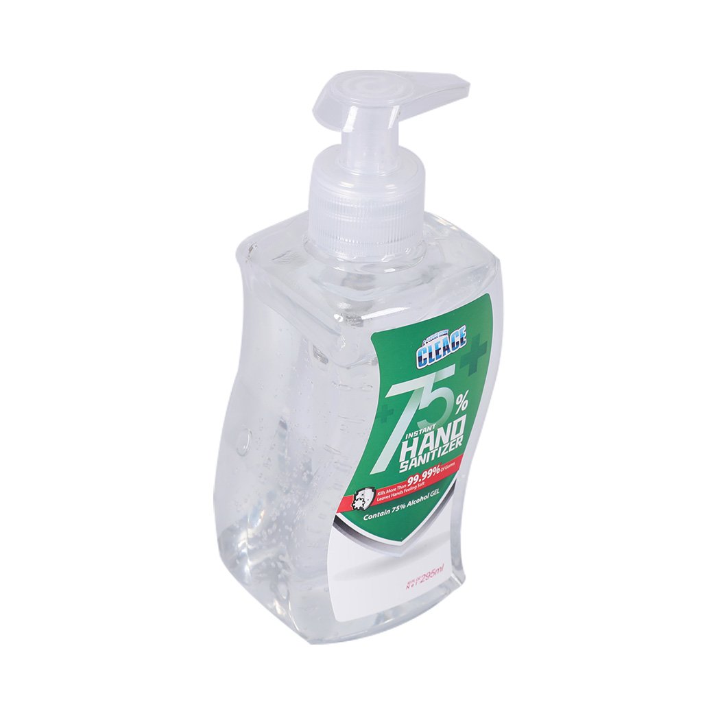 Cleace 10x Hand Sanitiser Gel 295ml bottle with 75% alcohol, designed for effective germ protection and skin hydration.