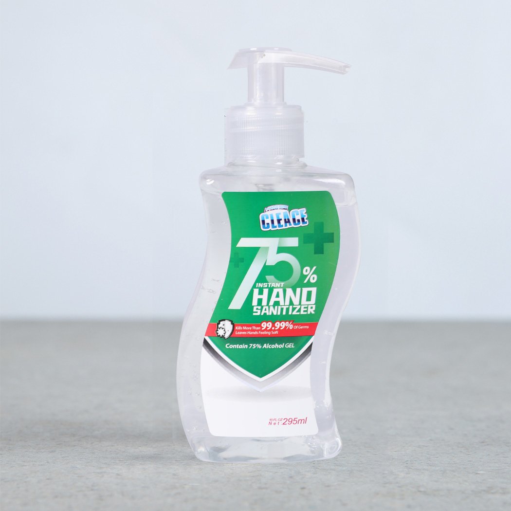 Cleace 10x Hand Sanitiser Gel 295ml bottle with 75% alcohol, designed for effective germ protection and skin hydration.