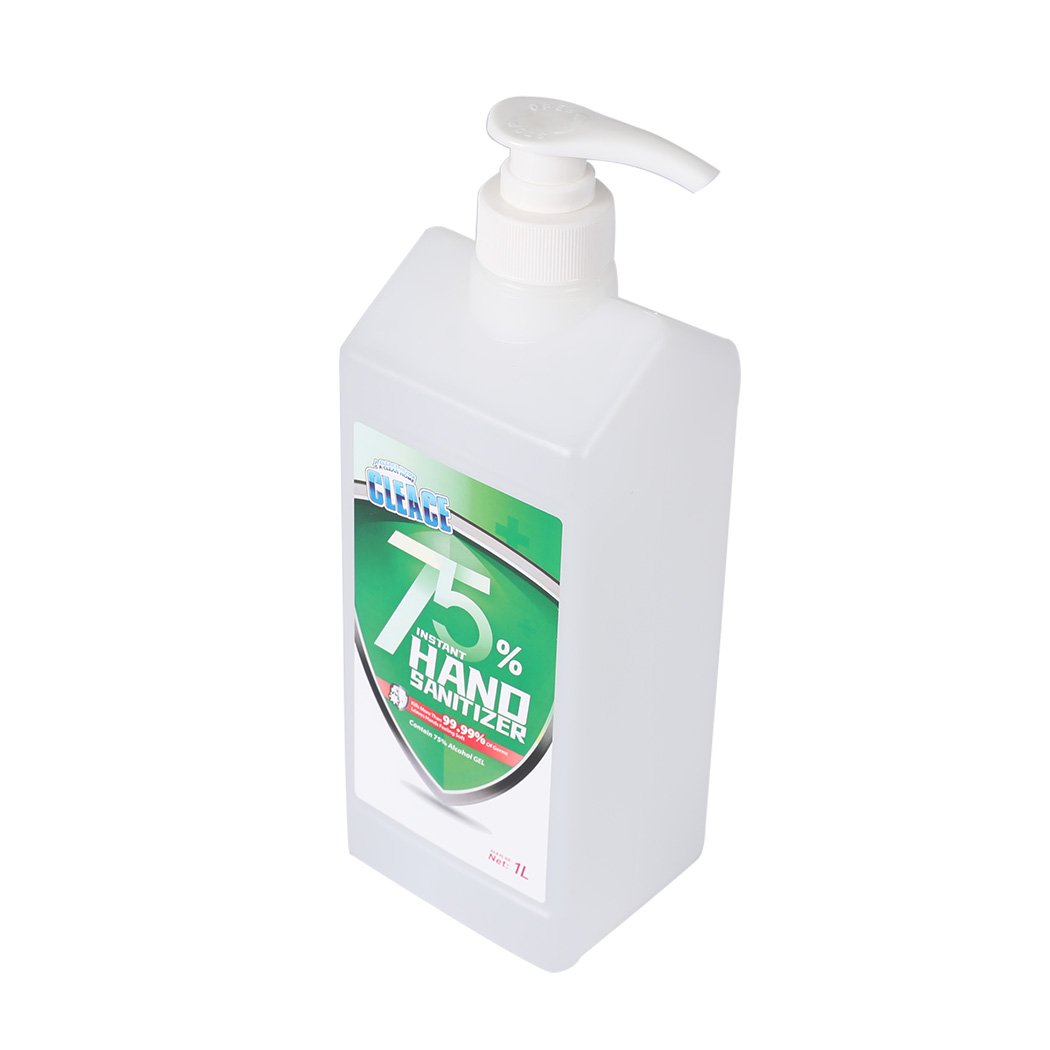 Cleace 10x Hand Sanitiser Gel with 75% alcohol in a transparent bottle, showcasing its moisturizing properties and effective germ-killing formula.