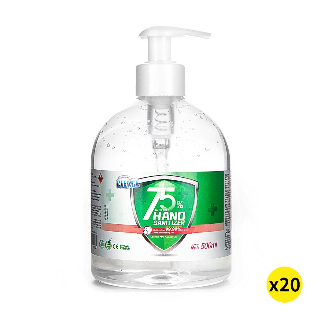 Cleace 20x Hand Sanitiser Gel 500ml bottle with 75% alcohol, designed for effective germ protection and skin hydration.