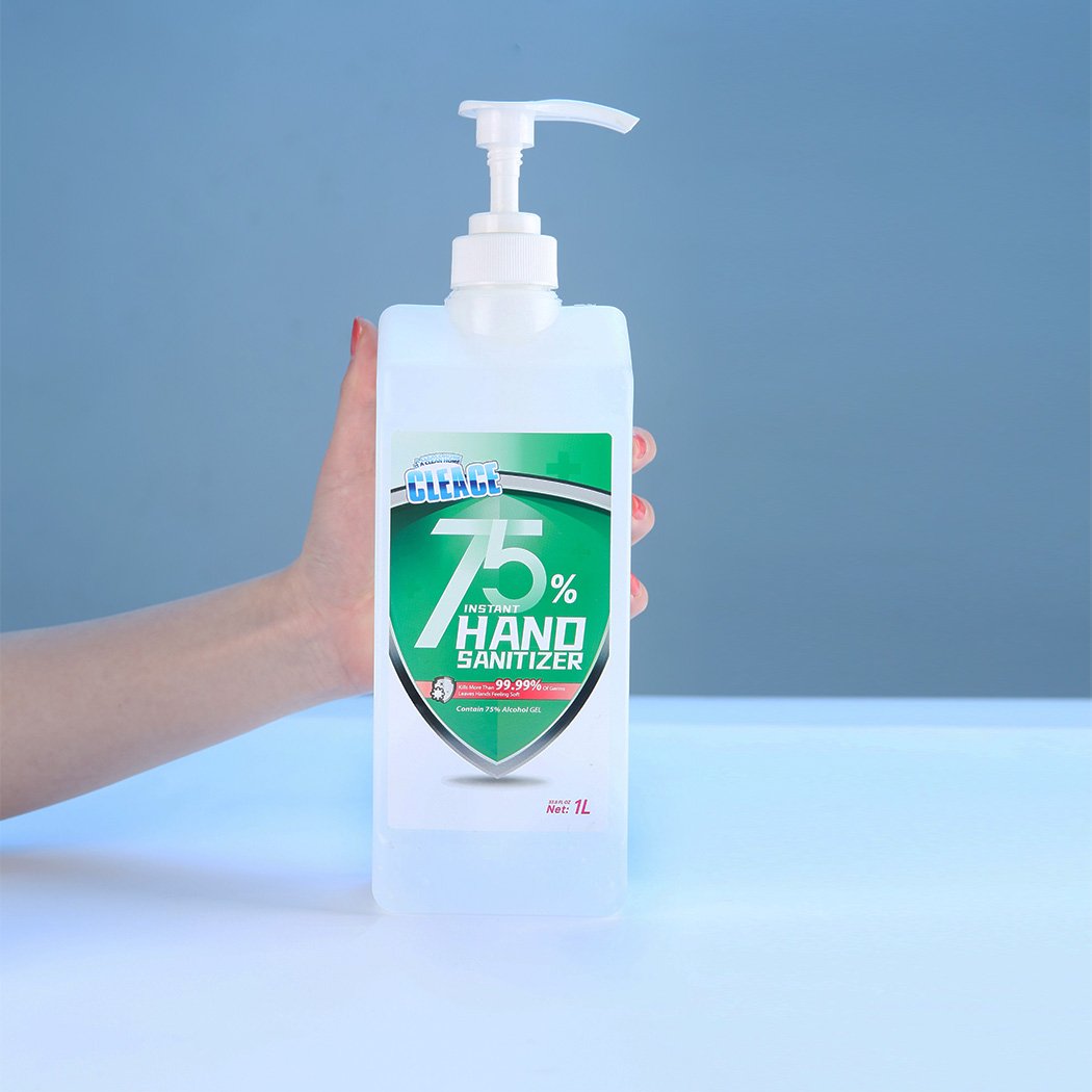 Cleace 2x Hand Sanitiser Instant Gel Wash bottles, showcasing 1000ml and 60ml sizes with a transparent liquid.